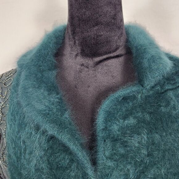 VNTG Belldini Dark Teal Angora Embellished Button Up Lined Sweater Jacket Sz Med - Picture 2 of 16